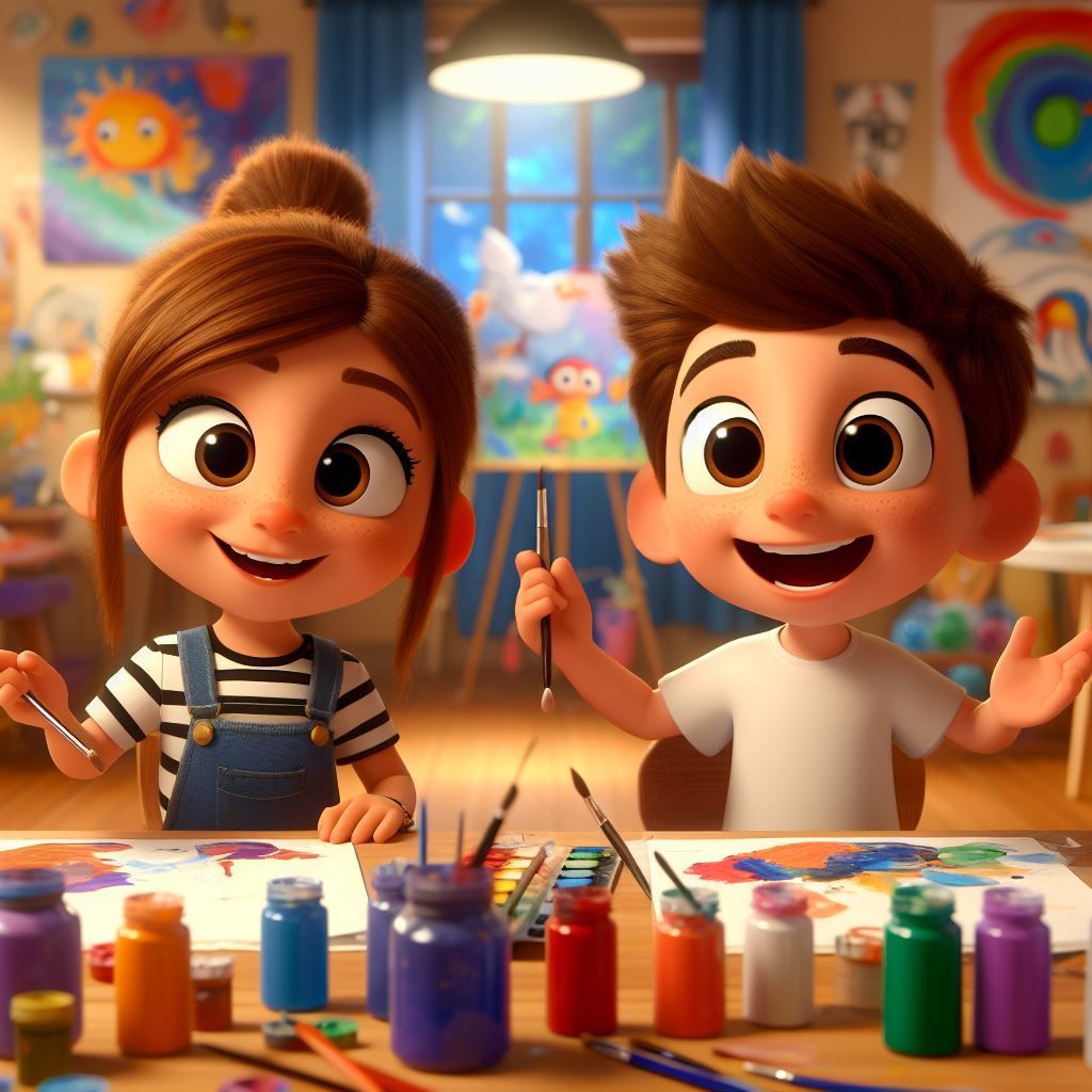 dos niños pintando alegremente en un taller