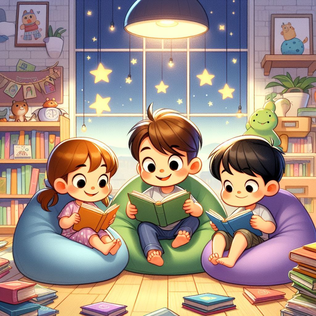 Tres niños se divierten leyendo en su rincón de lectura