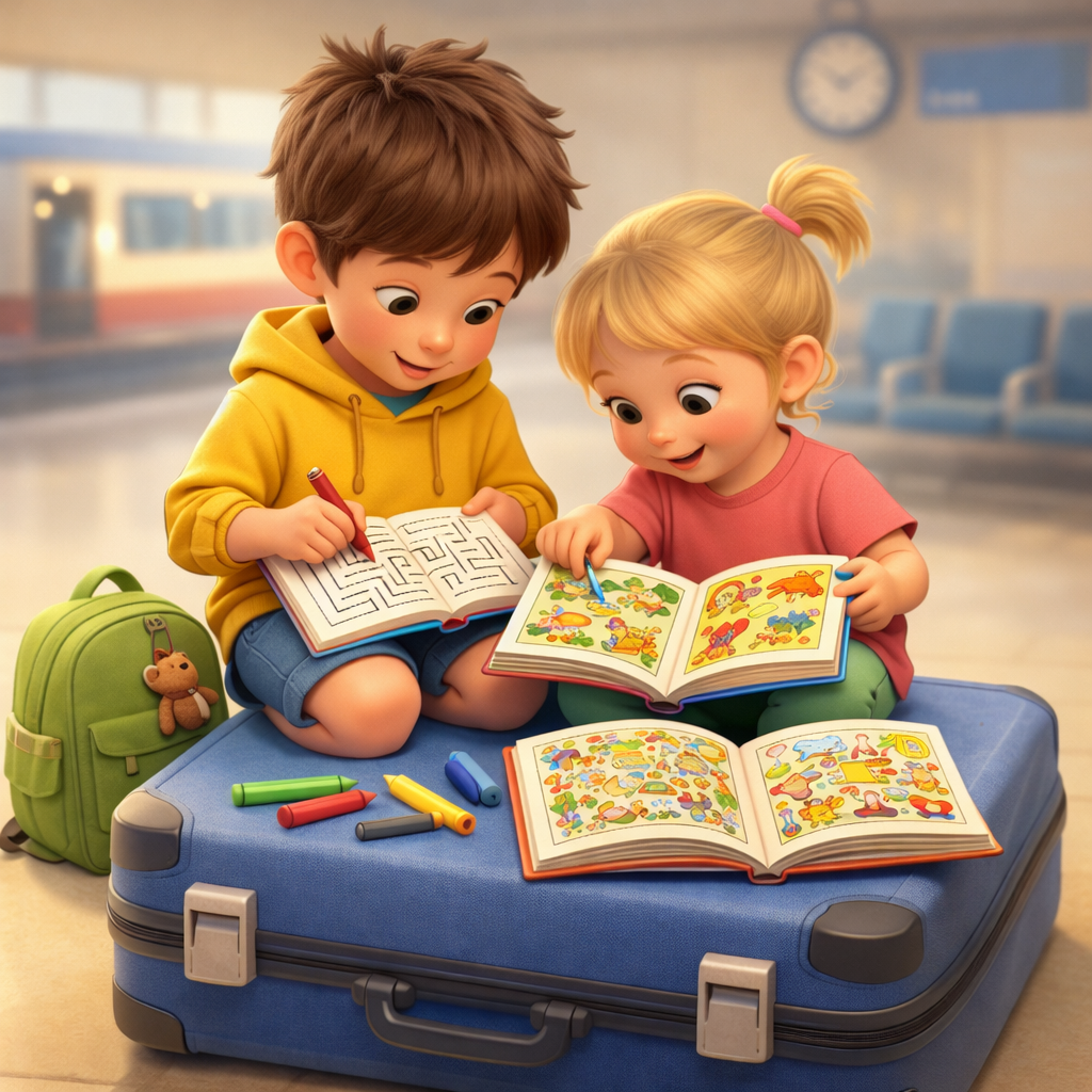 dos niños en un viaje entretenidos con libros de actividades