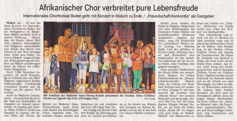Bericht des Badischen Tagblatts über das Konzert mit dem Kinderchor aus Afrika in Malsch
