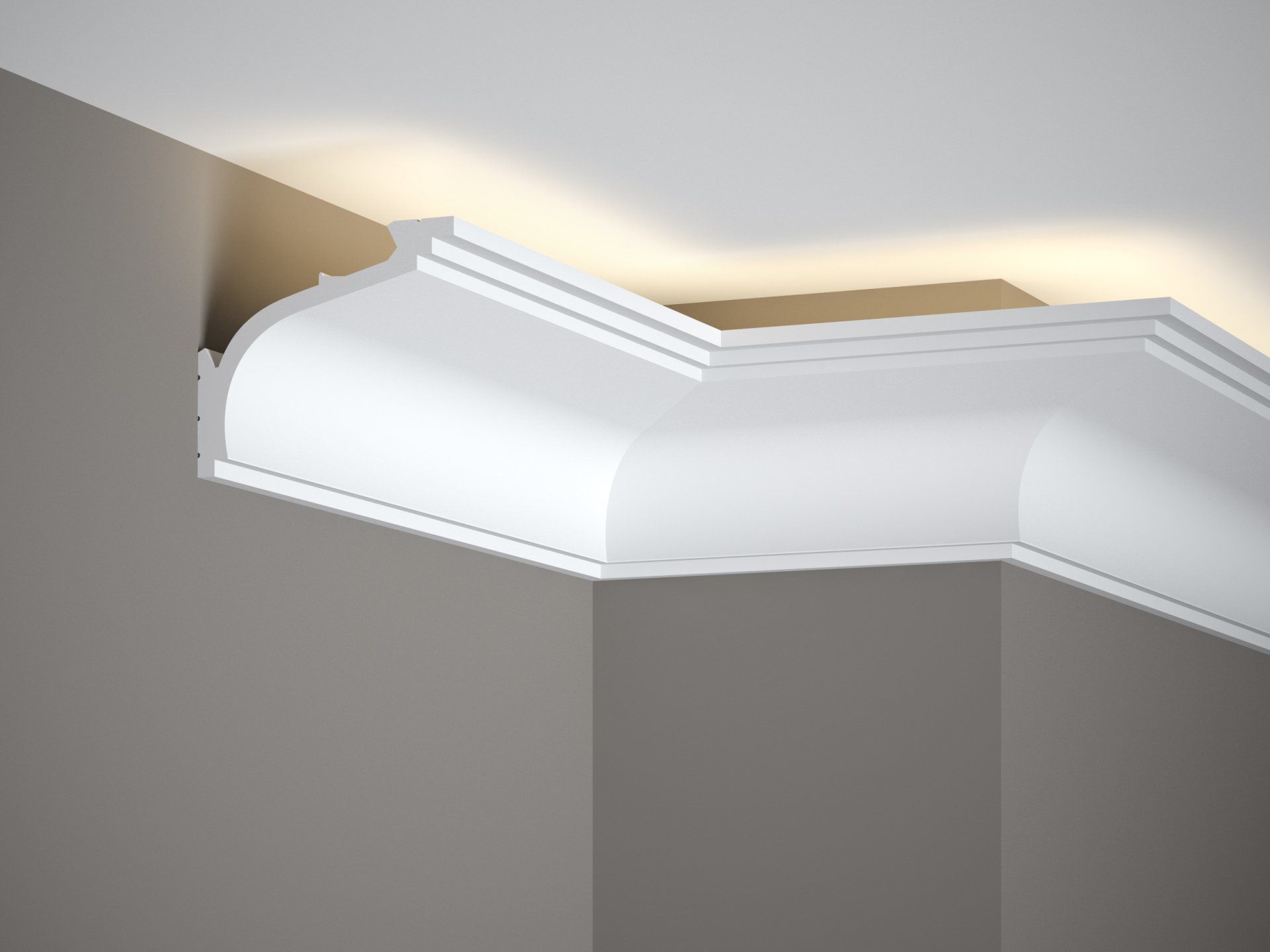 Mardom Decor MD110 Light Strip Deckenleiste für indirekte Deckenbeleuchtung ist eine gebogene mittelhohe Stuckleiste, die auf der einen Seite mit einer einzelnen Fräsung und auf der anderen Seite mit einem dezenten Treppenmuster verziert ist. Dank der LightGuard-Technologie ist sie eine ausgezeichnete Wahl für die indirekte Innenbeleuchtung. Dank der innovativen Herstellung sind die LEDs hinter dem Material nicht sichtbar und sorgen für einen sanften Leuchteffekt im ganzen Raum. Hergestellt aus widerstandsfähigem PolyForce-Kunststoff, der die MD110 Light Strip Deckenleiste für indirekte Deckenbeleuchtung effektiv vor Beschädigungen, Wasser und Sonnenlicht schützt. Die Länge beträgt 2000 mm und ist mit einer Höhe von 89 mm und einer Breite von 106 mm ideal für geräumigen Innenräume als auch in Wohnungen mit weniger Platz ideal geeignet.