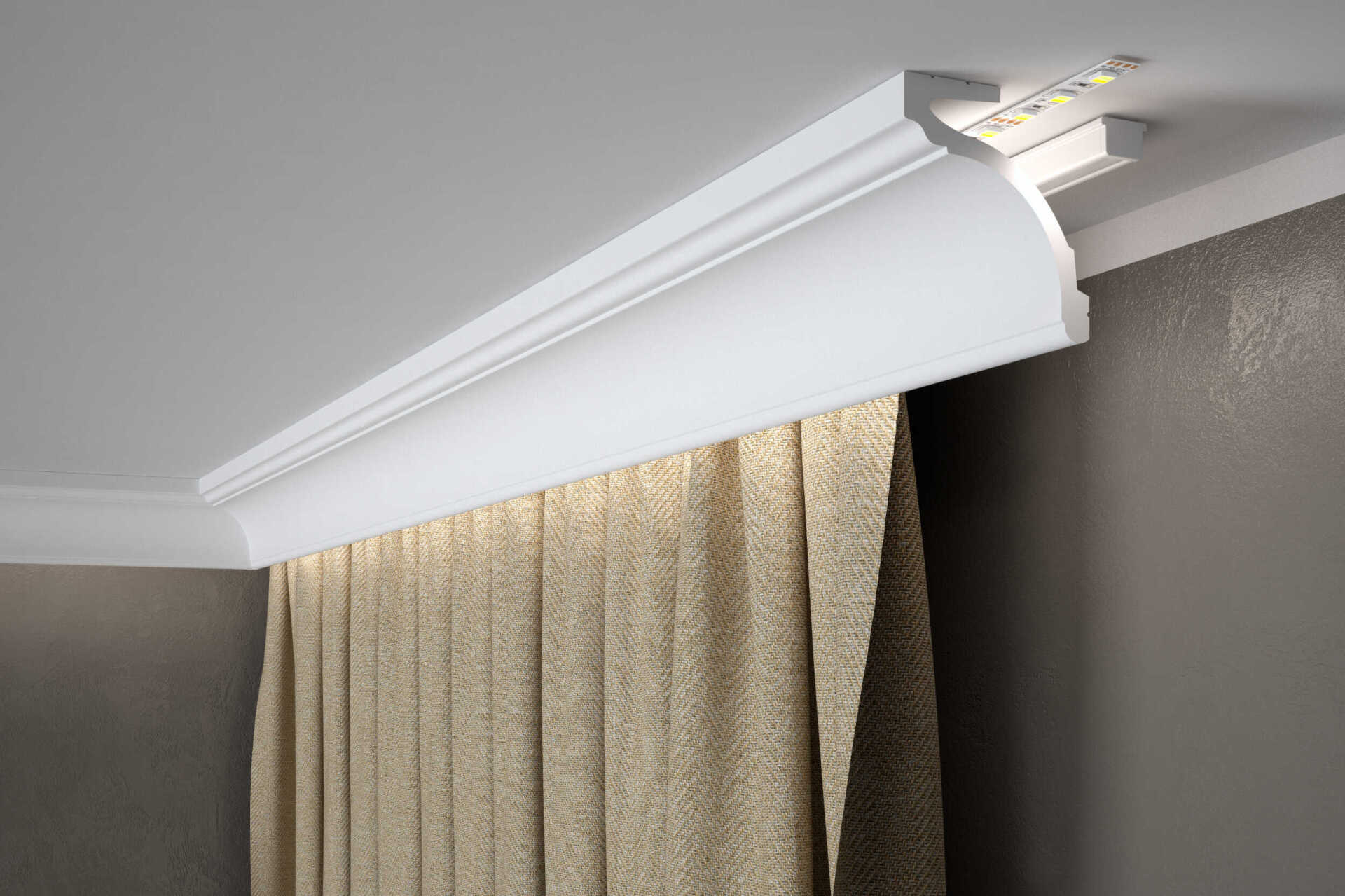 Die multifunktionale Deckenleiste MD161 von Mardom Decor ist so konzipiert, dass sie sowohl als Vorhangprofil, als auch klassische Licht- oder Deckenabschlussleiste verwendet werden kann.