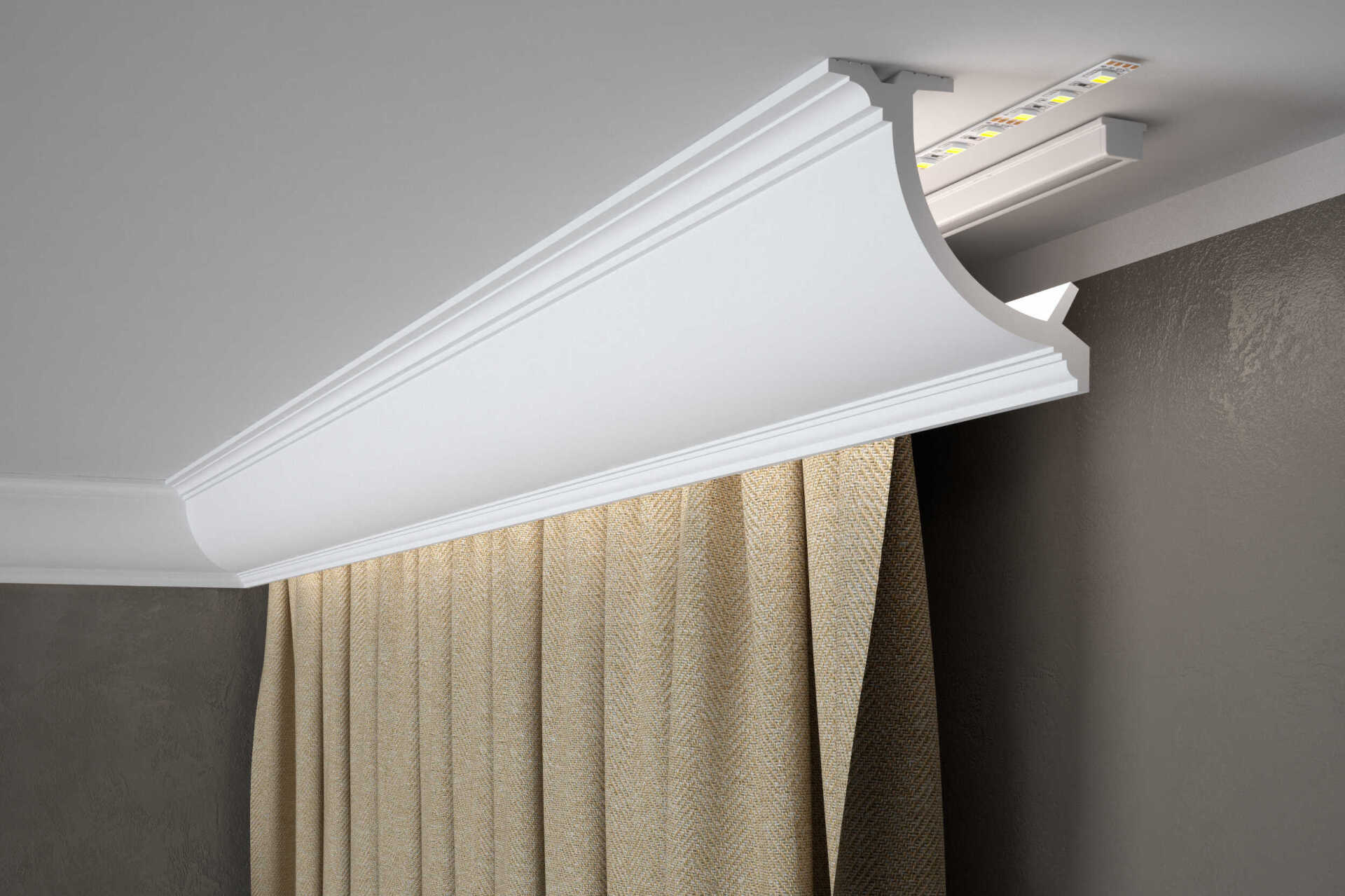 Die multifunktionale Deckenleiste QL027 von Mardom Decor ist so konzipiert, dass sie sowohl als Vorhangprofil, als auch klassische Licht- oder Deckenabschlussleiste verwendet werden kann. Im Innen-, -außen- und Nassbereich einsetzbar.