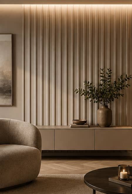 Strukturierte 3D-Wandpaneele von Mardom Decor als moderne Akzentwand im Wohnzimmer