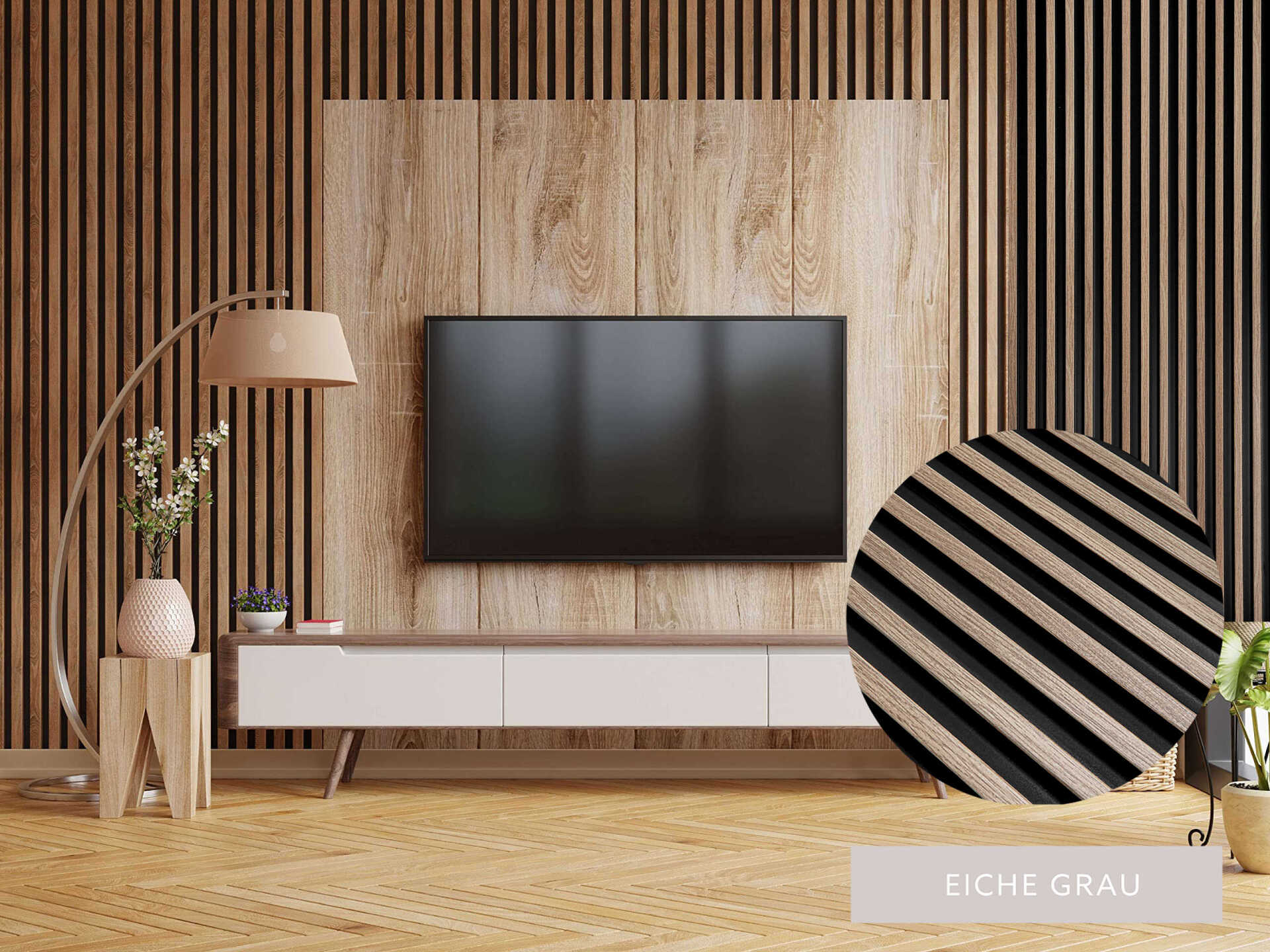Wandpaneel / Akustikpaneel in Eiche grau für das moderne Wohnambiente.