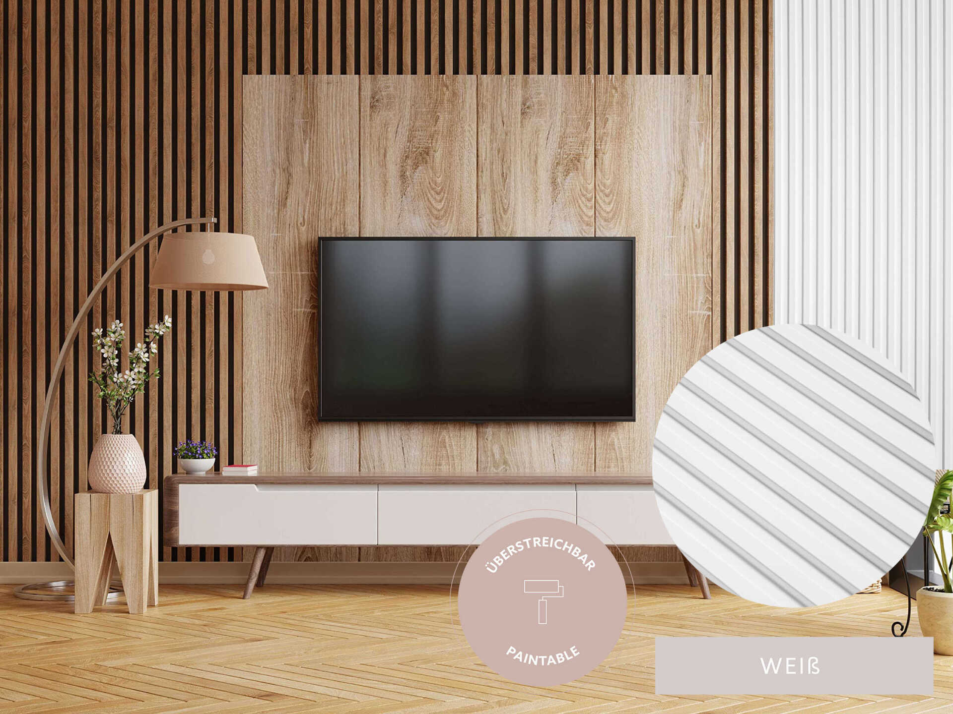 Fernsehwand mit Wand Paneele aus Holz, Wasserfest und stoßunempfindlich. Leichte Reinigung