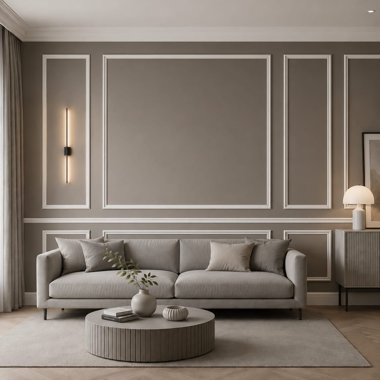 Helle Wandleisten als Kontrast zur dunkleren Wand für eine elegante Wandgestaltung mit Wandkassetten