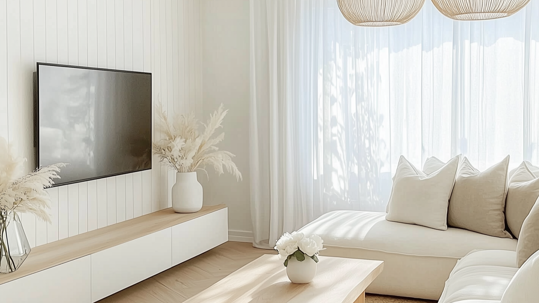 ein in weiß eingerichtetes Wohnzimmer mit einem weißen Wandpaneel