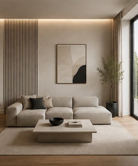 Modernes minimalistisches Wohnzimmer mit klarer Wandgestaltung und Wandpaneelen