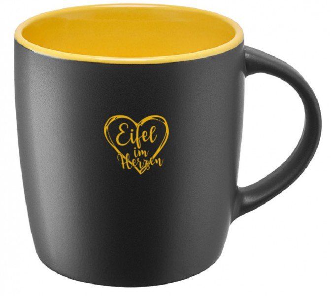 Eifeltasse schwarz/gelb mit Herz