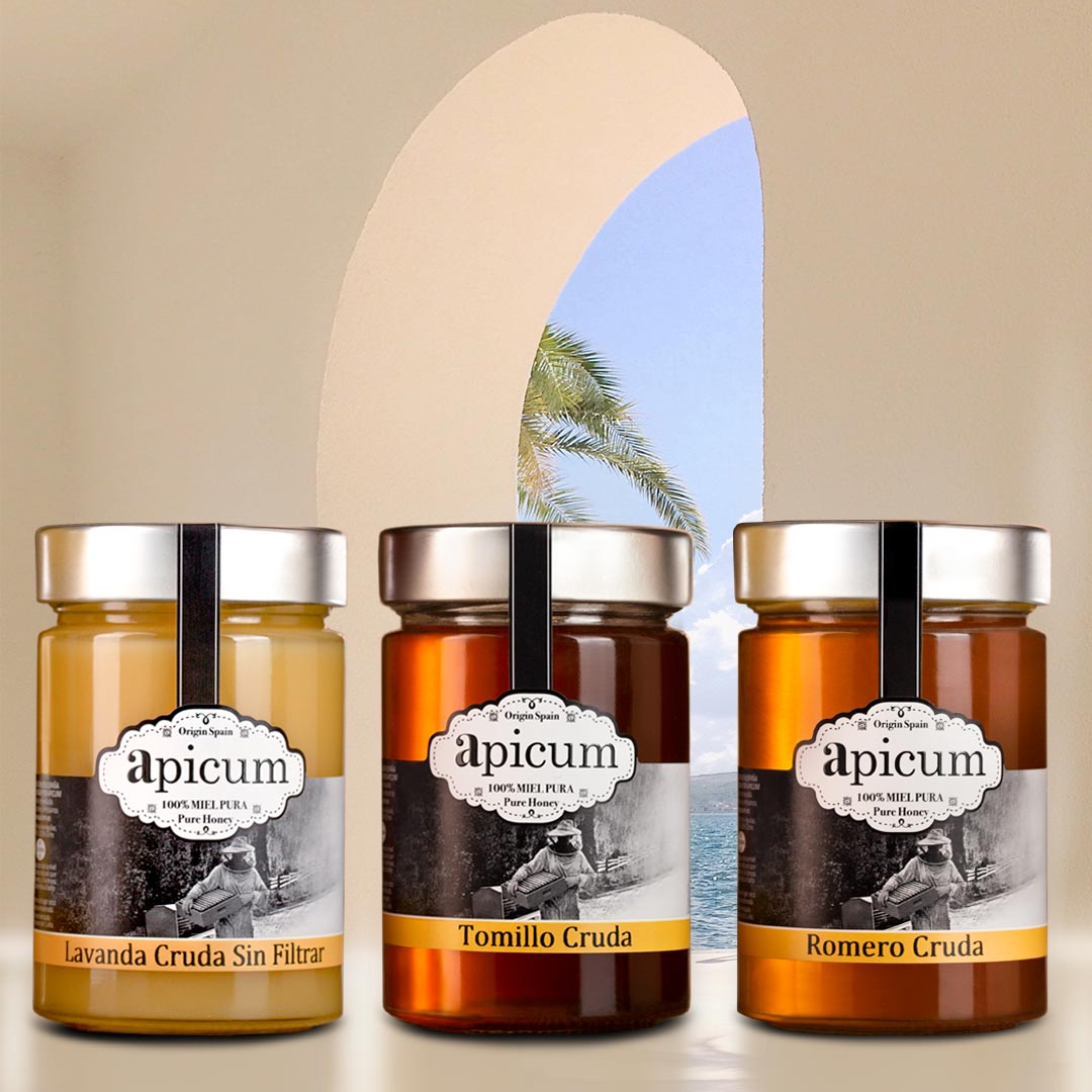 Miel cruda de Romero, miel cruda de Tomillo y miel de Lavanda cruda sin filtar . Pack Mediterráneo Apicum