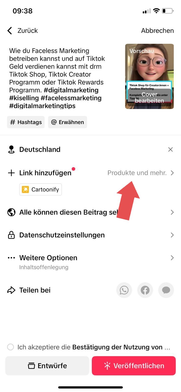 Tiktok Shop für Creator - Schritt für Schritt Anleitung, wie du mit TikTok Geld verdienen kannst. Produkt Tiktok Shop für Creator - Schritt für Schritt Anleitung, wie du mit TikTok Geld verdienen kannst. Produktlink zu Tiktok Video hinzufügen.