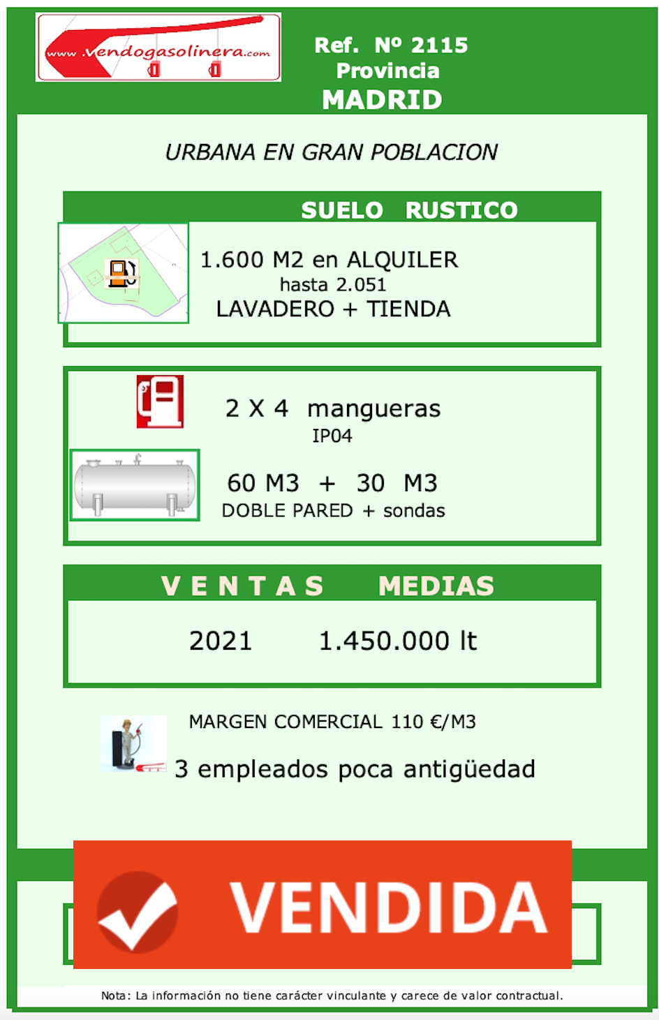 Ref. 2115 - MADRID Gasolinera en venta en Madrid GRAN POBLACION