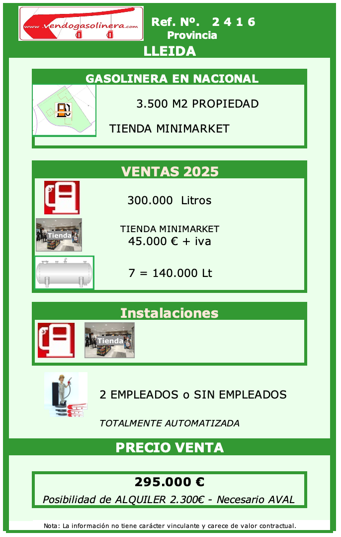 Ref. 2416 LLEIDA . CTRA NACIONAL Gasolinera en venta en Cordoba
