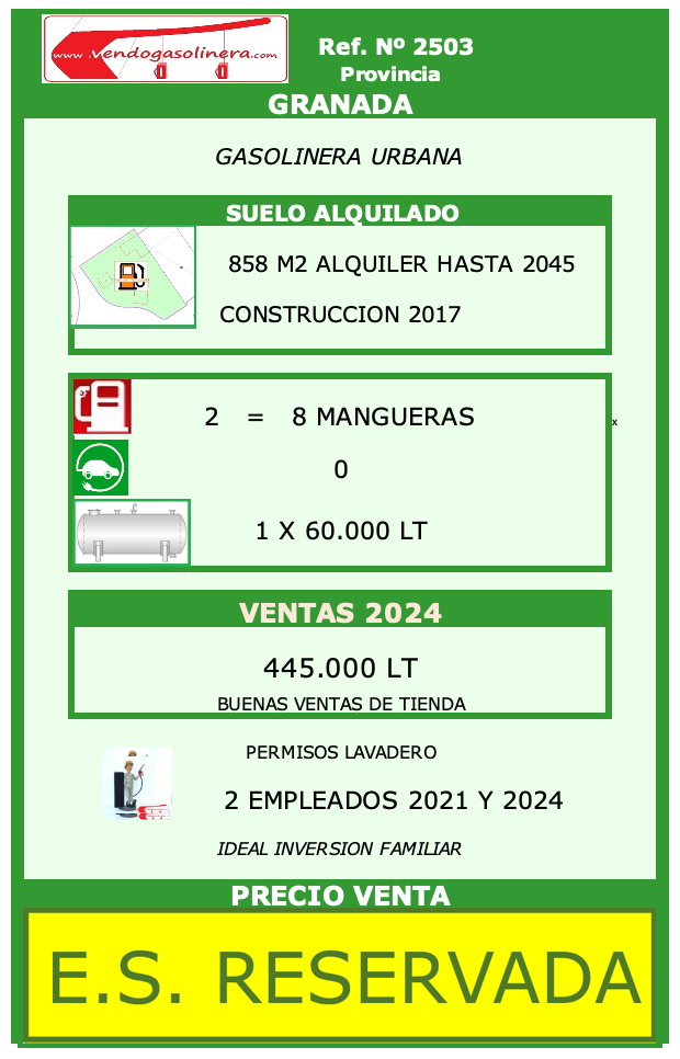 Ref. 2503 - GRANADA Gasolinera URBANA en población de Granada.
