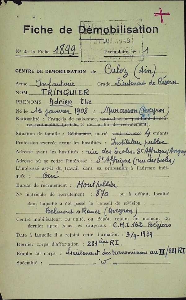 Fiche démobilisation 1940