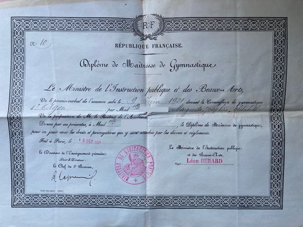 Diplôme de maitresse de gymnastique
