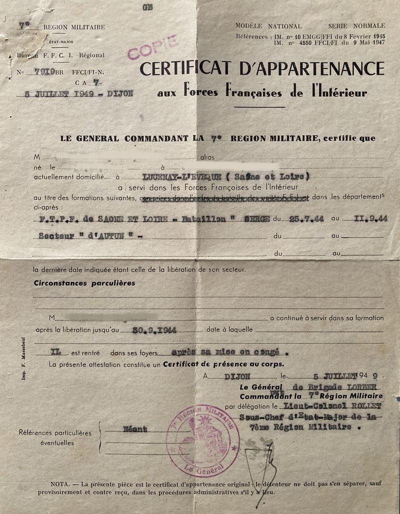 Certificat d'appartenance FFI