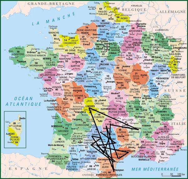 Carte des lieux de condamnation de Frédéric