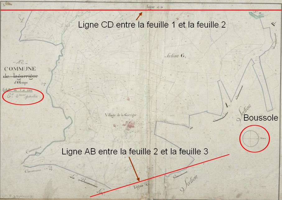 Exemple d'une section du cadastre répartie sur plusieurs feuilles