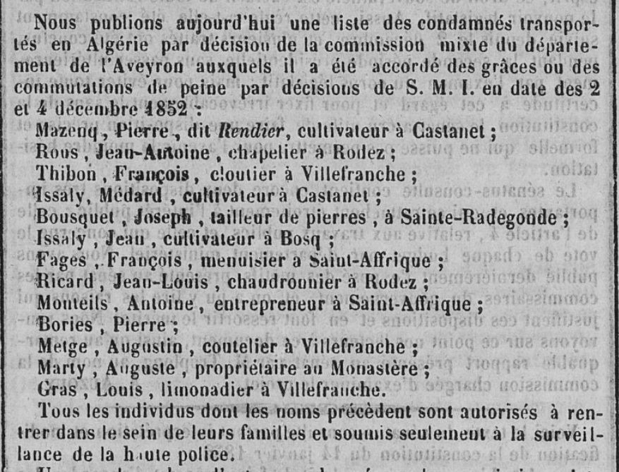 grâces transportés en Algérie