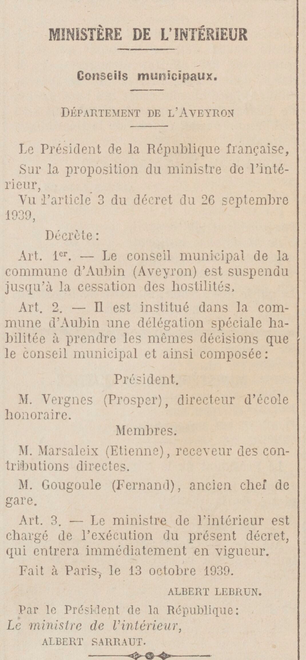 JO 15 octobre 1939