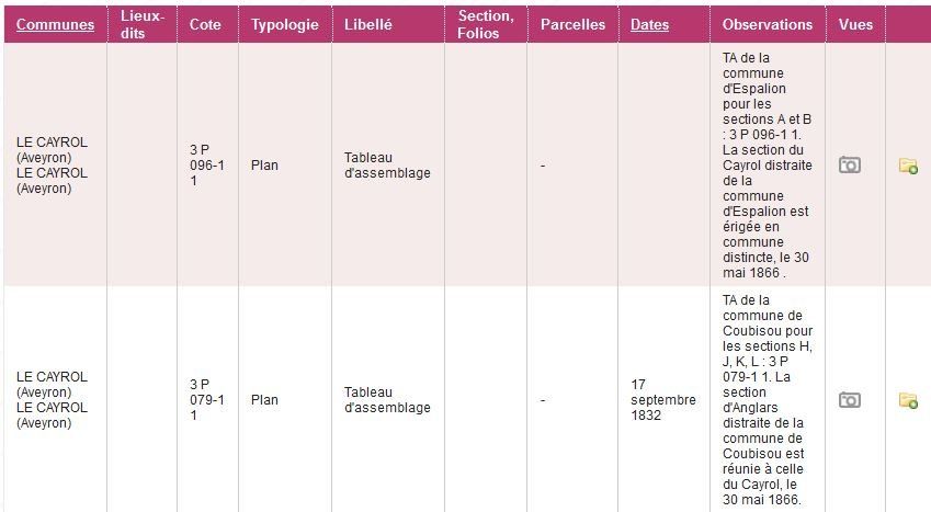 Les deux tableaux d'assemblage du Cayrol - AD12