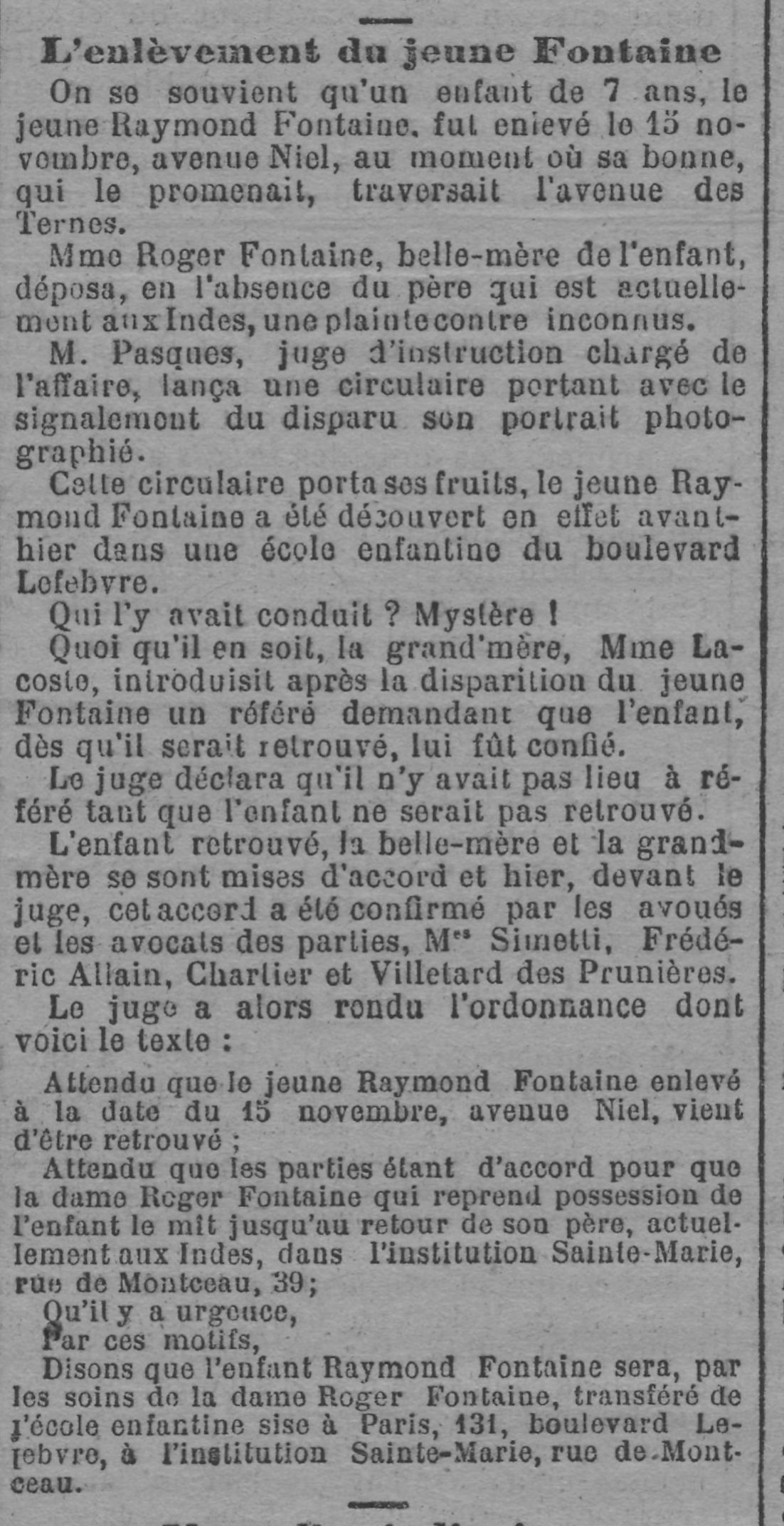 Article enfant kidnappé