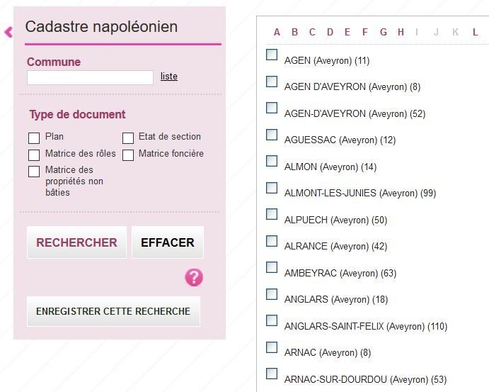 Module de recherche dans le cadastre du site des AD12: utilisation de la liste des communes