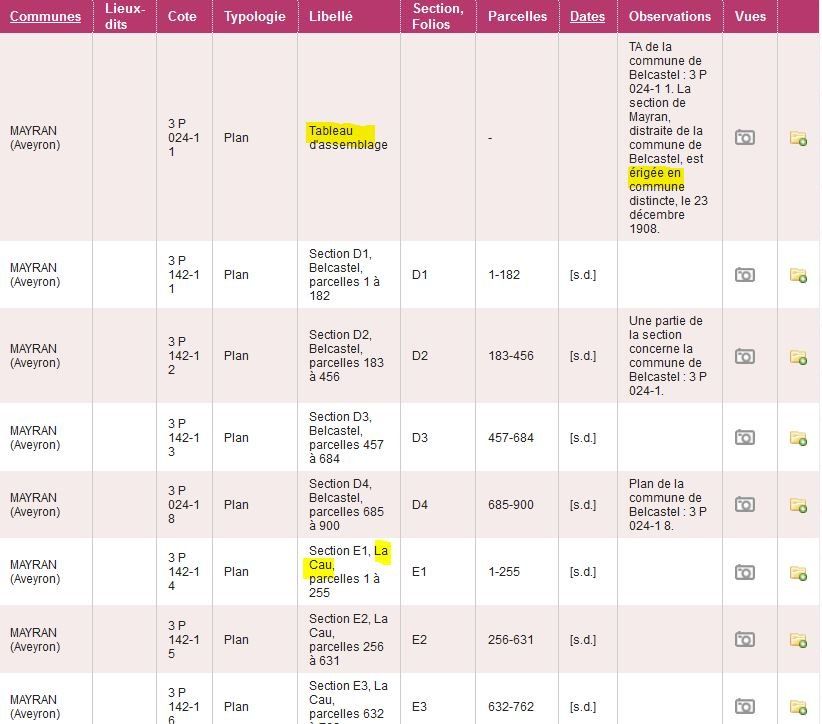 Module de recherche dans le cadastre du site des AD12: les informations essentielles dans la liste de résultat
