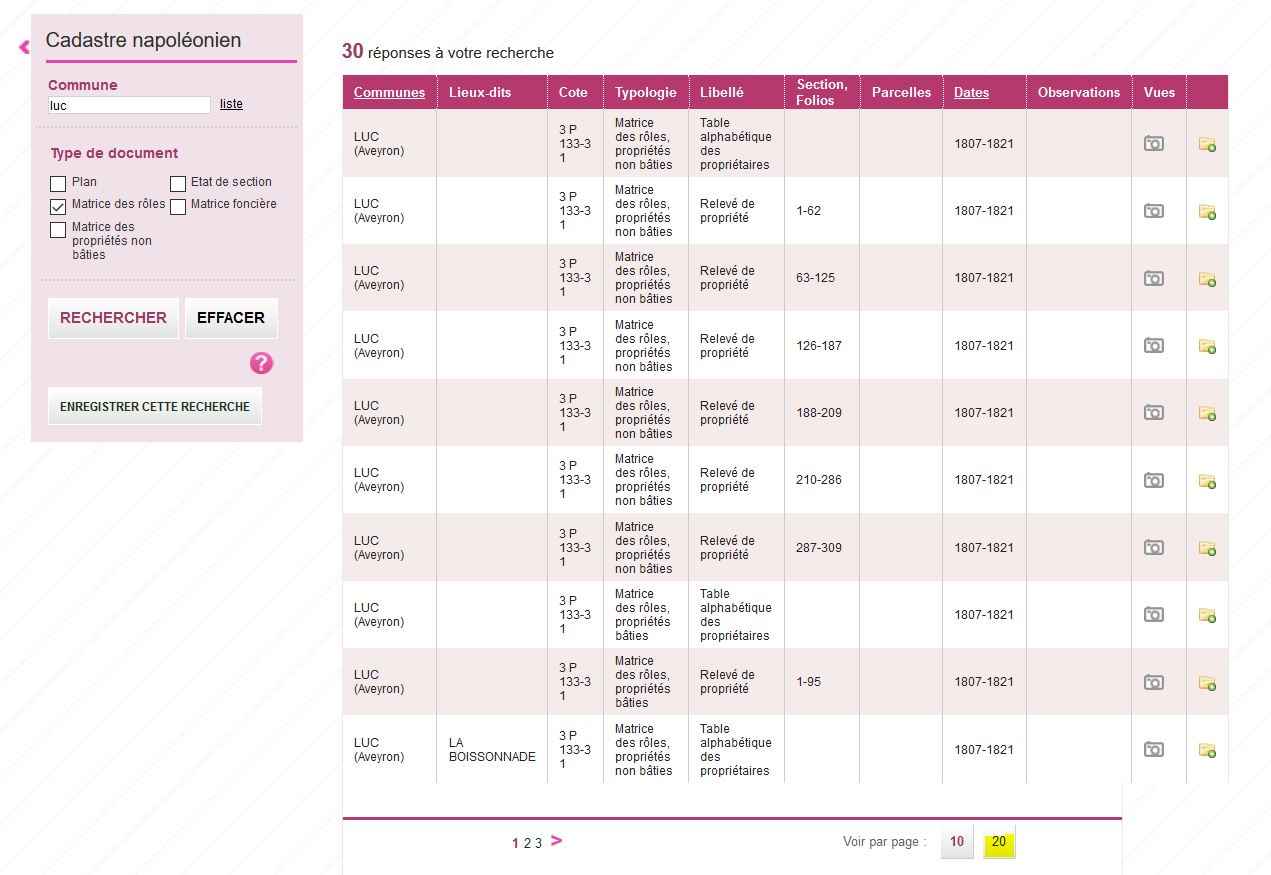 Module de recherche dans le cadastre du site des AD12: utilisation du filtrage par type de documents