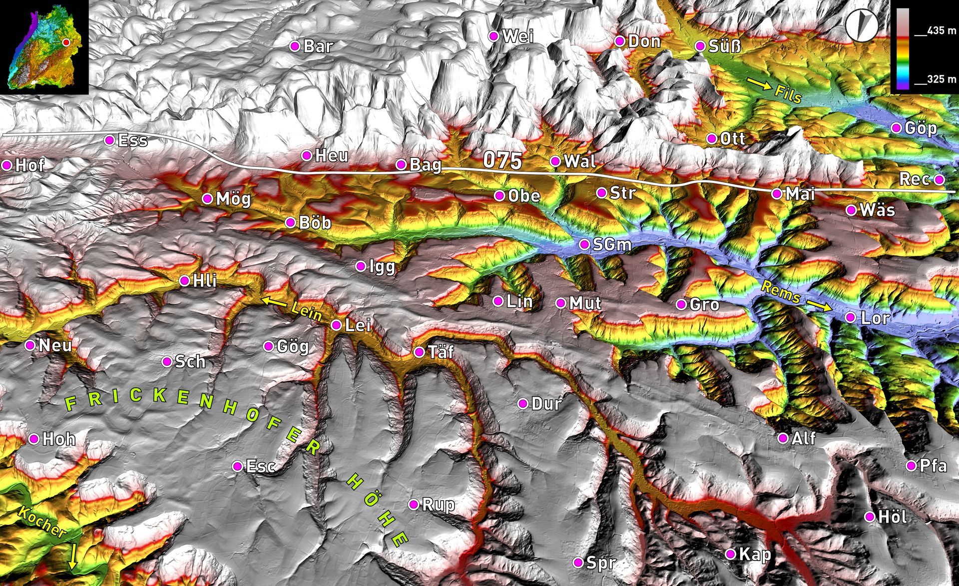 Oberes Remstal mit Bargau - Verlaufa des Schwäbischen Lineament ls Linie (Die Landschaften von Baden-Württemberg, Abb 077)
