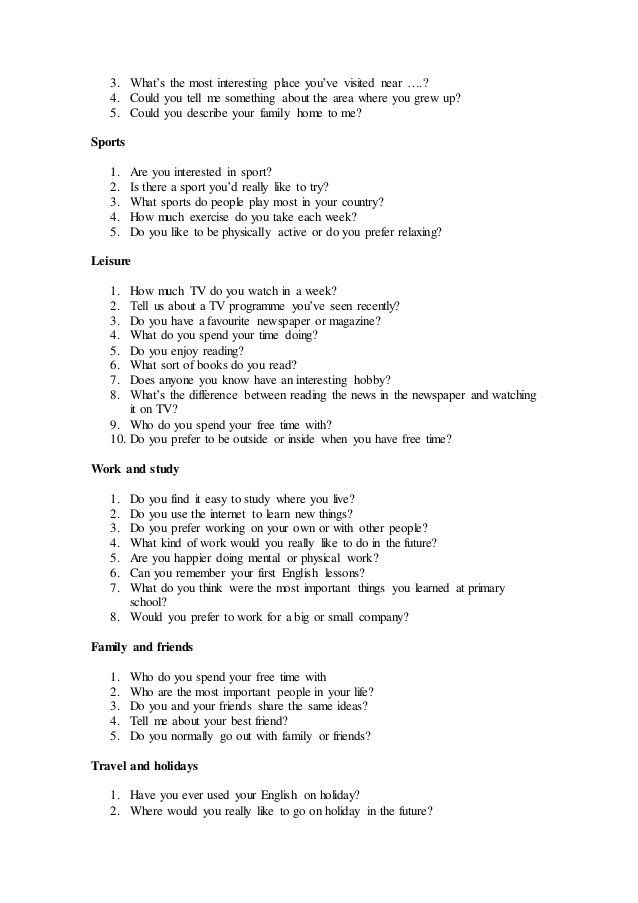 Preguntas Speaking Parte 1 First Certificate FCE B2 Speaking Cambridge