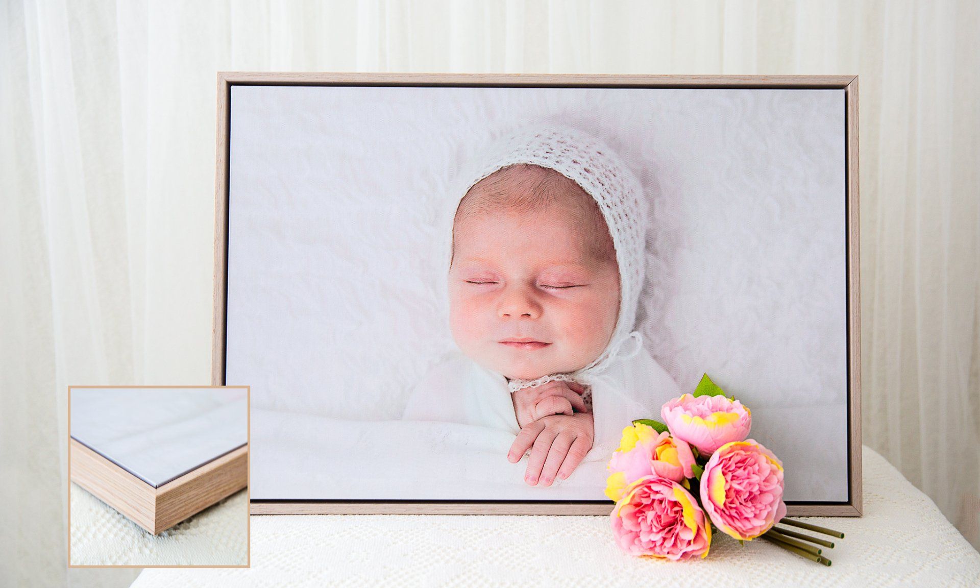 Reflections Family Photography Framed canvas of new baby girl with white hat on