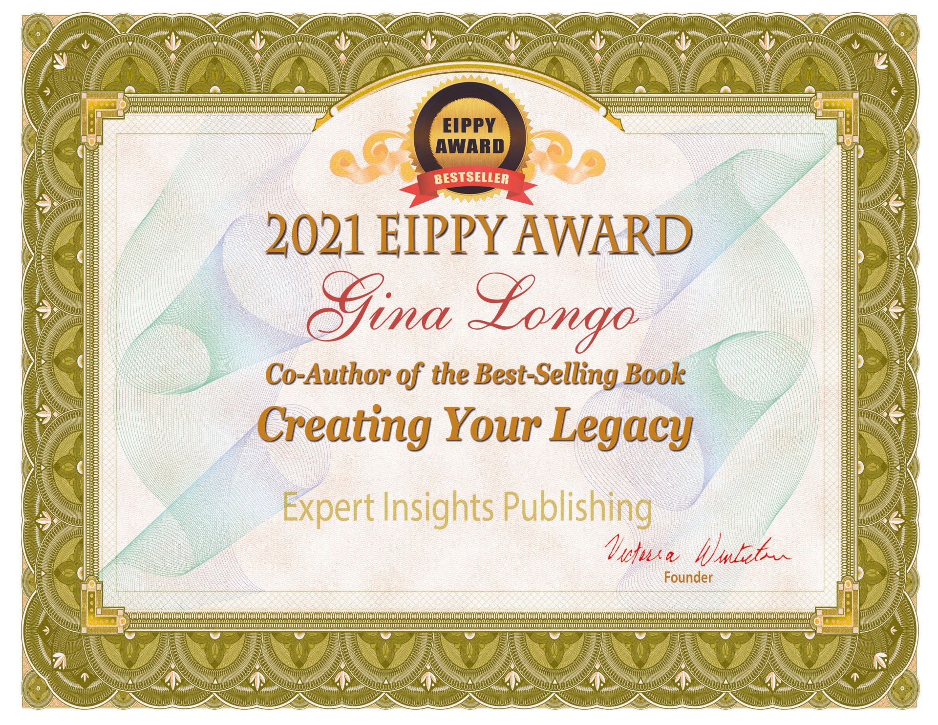2021 EIPPY Award Certificate for Creating Your Legacy