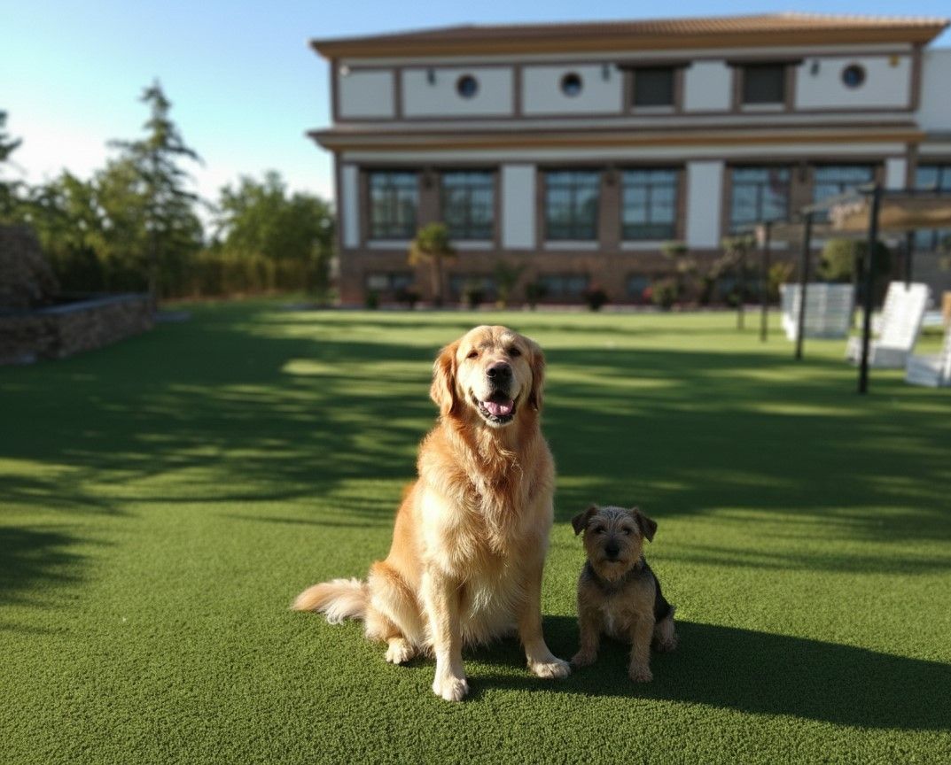 Perros relajados en el jardín de césped natural del Hotel Restaurante Dama de Baza en Granada.