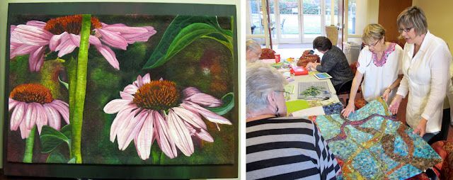 In the Confetti Backgrounds mini-workshop Andrea (at right) showed a new, heavily embellished abstract quilt. At left is her first whole-cloth quilt, her earliest painted quilt. Confetti Backgrounds mini-workshop