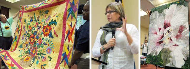 Andrea Brokenshire (center) takes the DAFA audience along on her art quilt journey. With the help of Chuck Baber and Sherrie Tootle, she showed both early works (left) and recent works (right). Andrea Brokenshire