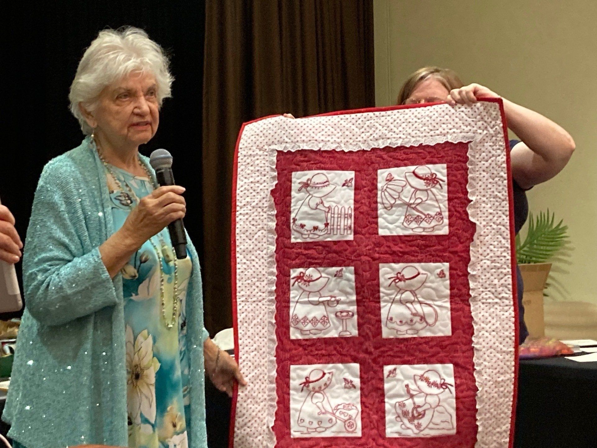 Carol Kovacs, redwork quilt for a new granddaughter, 2022.