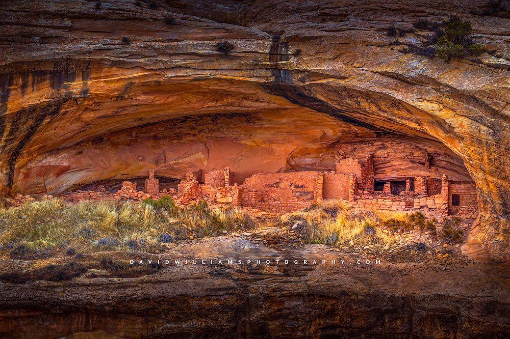 Evening sun on Butler Wash Ruin, an Anasazi alcove, Mule Canyon, Utah