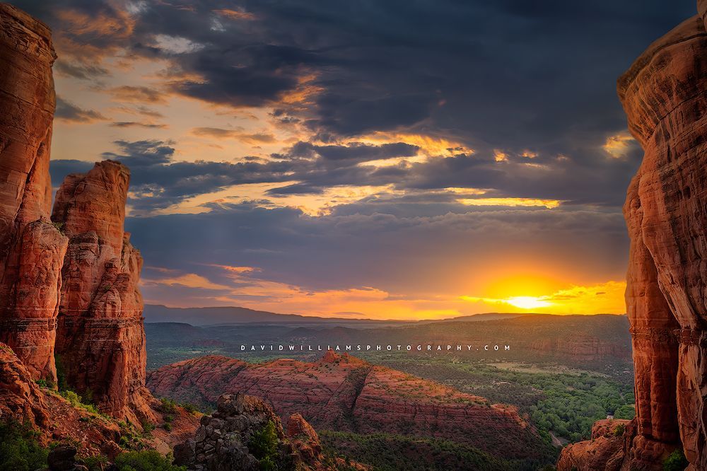 A vividly colorful sunset, overlook point of Cathedral Rock, Sedona, Arizona