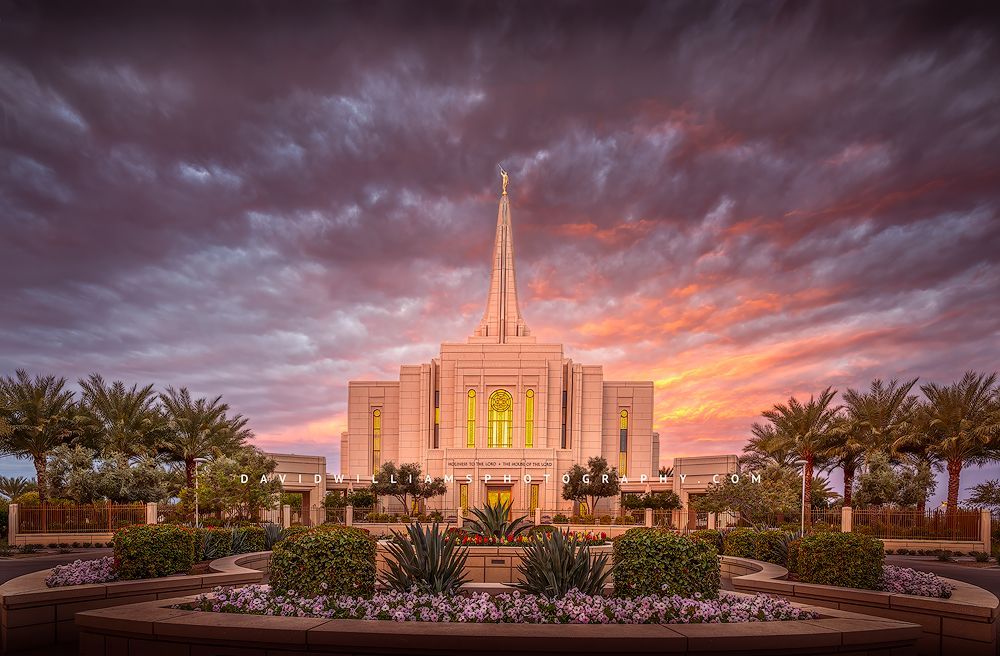 Sunrise at the Gilbert LDS Temple in Arizona, glowing with morning light Sunrise at the Gilbert Latter Day Saint Temple, Gilbert AZ