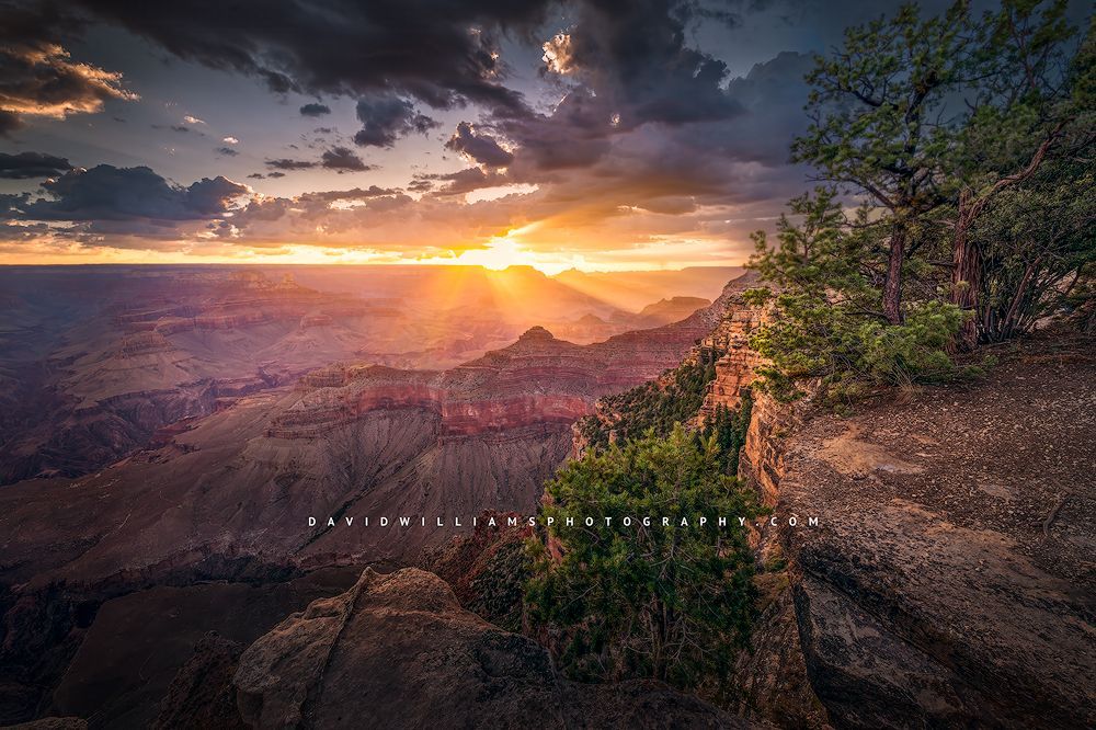 Golden sunset rays of light, Yavapai Point, Grand Canyon of Arizona
