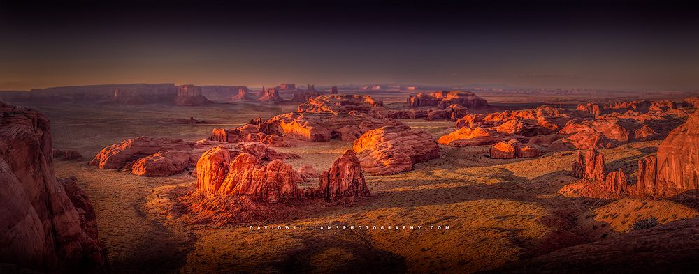A sunset view from the top of Hunts Mesa, Monument Valley, Arizona