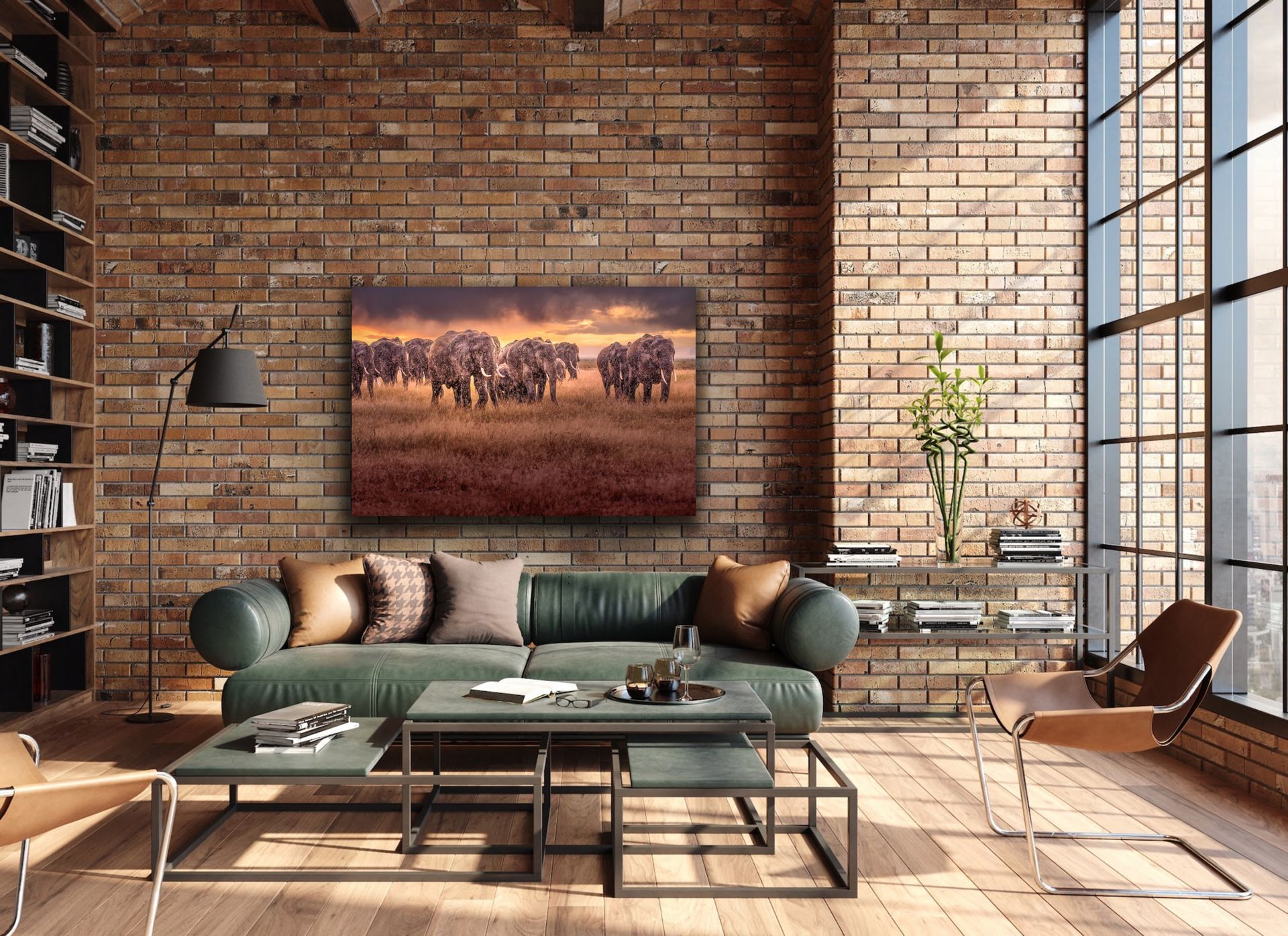 Image info: # Elephant GP NZ99011  African Elephants – large fine art print displayed in modern living room.