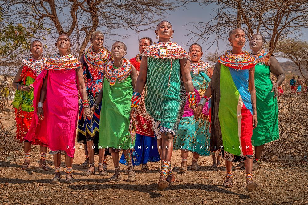 A group of Maasai women colorfully dressed and dancing, Kenya