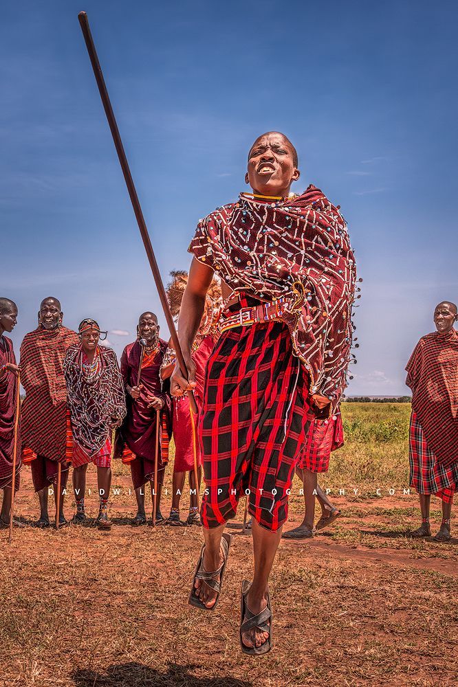 Maasai Warrior in traditional clothing performing jump ritual, Kenya