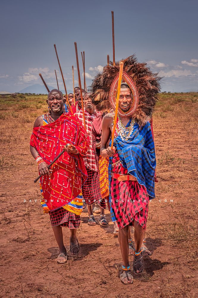 Traditional Maasai warriors in tribal clothing, Kenya, Africa