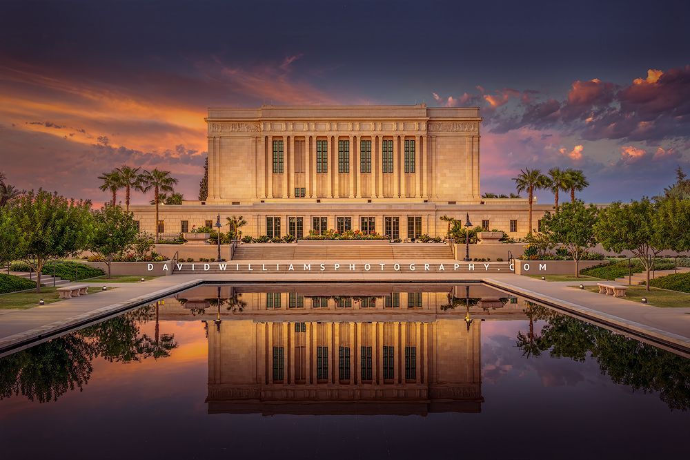 Sunrise over the reflection pool at the LDS Mesa Temple in Arizona Sunrise over the reflection pool, LDS Mesa Temple, AZ