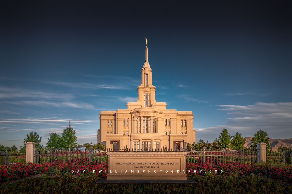 Vibrant summer flowers at the Payson LDS Temple, Utah